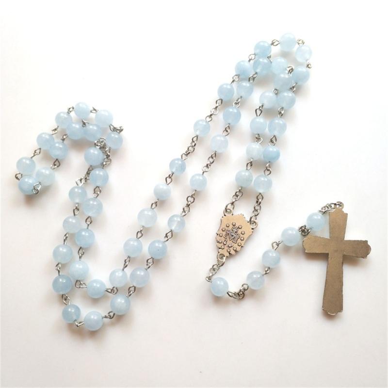 Yoga Room Decorations Gift Blue Jades Bead Cross Rosary Necklaces Bead Chain Pendant Ornaments for Home Church