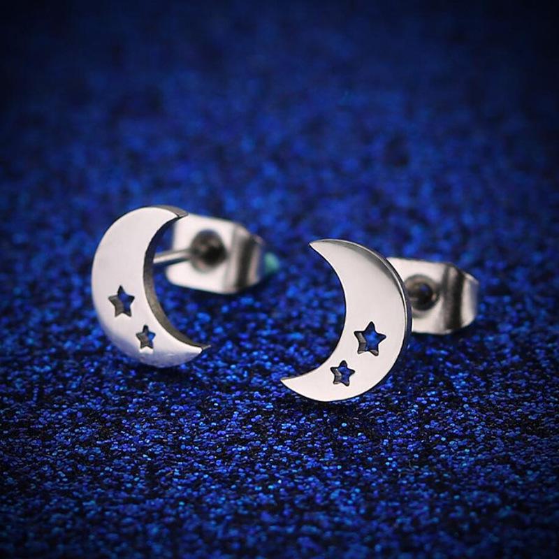 Korean Minimalist Hollow Crescent Moon Earrings - Stainless Steel Studs