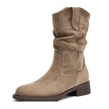 New Khaki Medium Tube Martin Boots Women's Spring and Autumn Stacking Boots Pleated Single Boots Women's Medium Tube Western Cowboy Boots