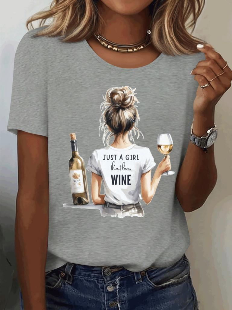 Women's Tops Girls' Wine Glass Graphics Print Summer Short Sleeved T-Shirt Minimalist Solid Color Casual Tees Clothing Female
