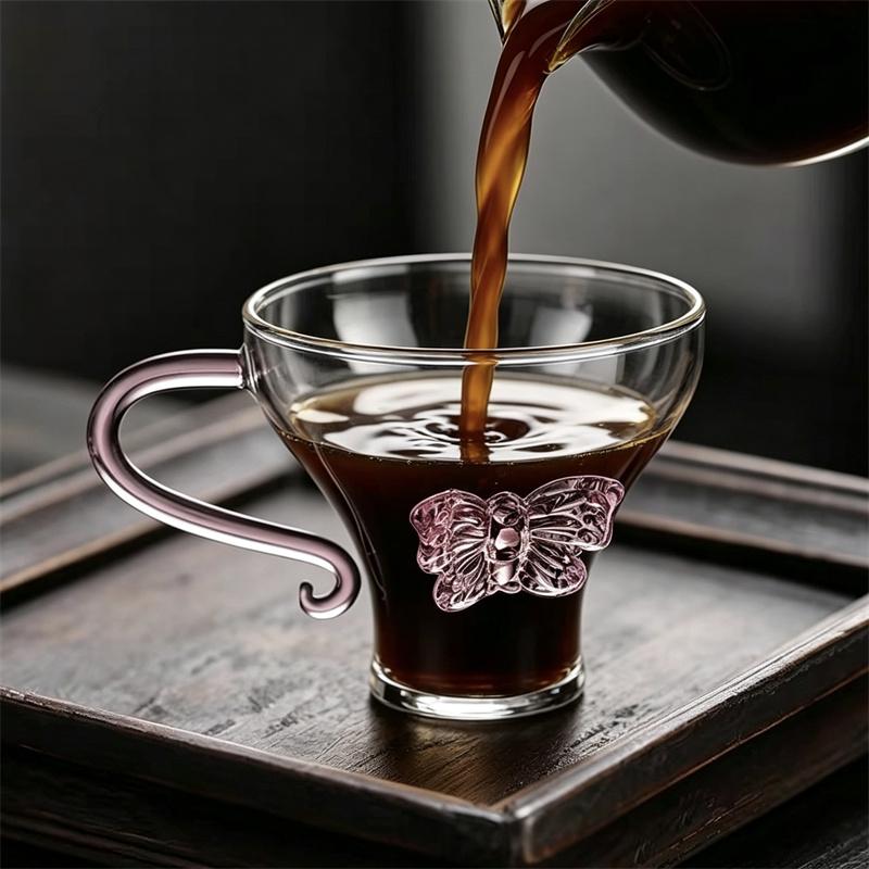 100ml Small Capacity Elegant Pink Butterfly Glass Mug Curved Handle Clear Coffee Tea Cup High Borosilicate Glass Cup Drinkware