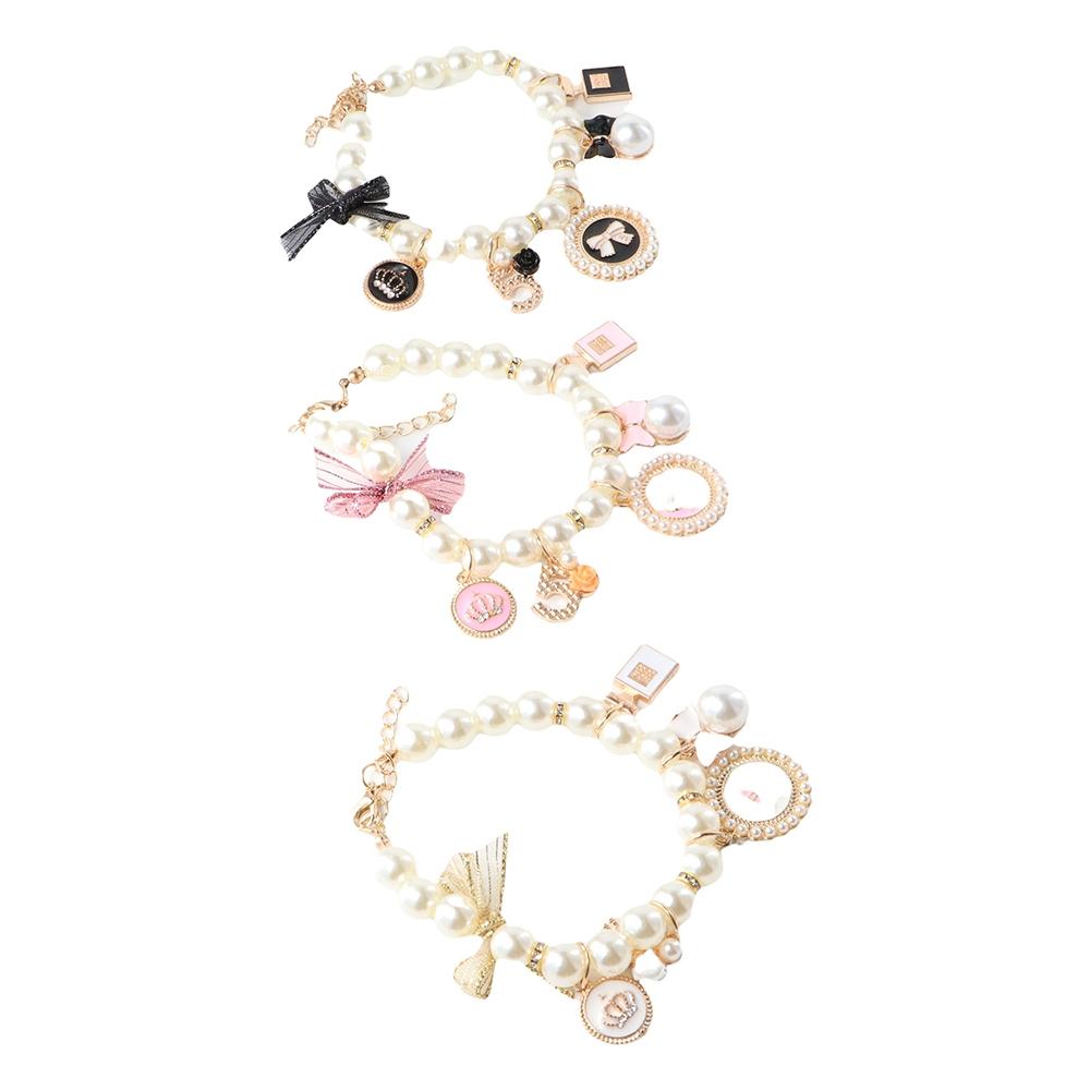 Fashion Pink Pearl Dog Chain Princess Rhinestone Pet  Collars Cat Jewelry Necklace Bow Collar