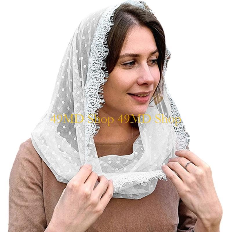 49MD Elegant Lace Trim Bridal Veil Russian Shawl Mantilla Veil for Catholic Church