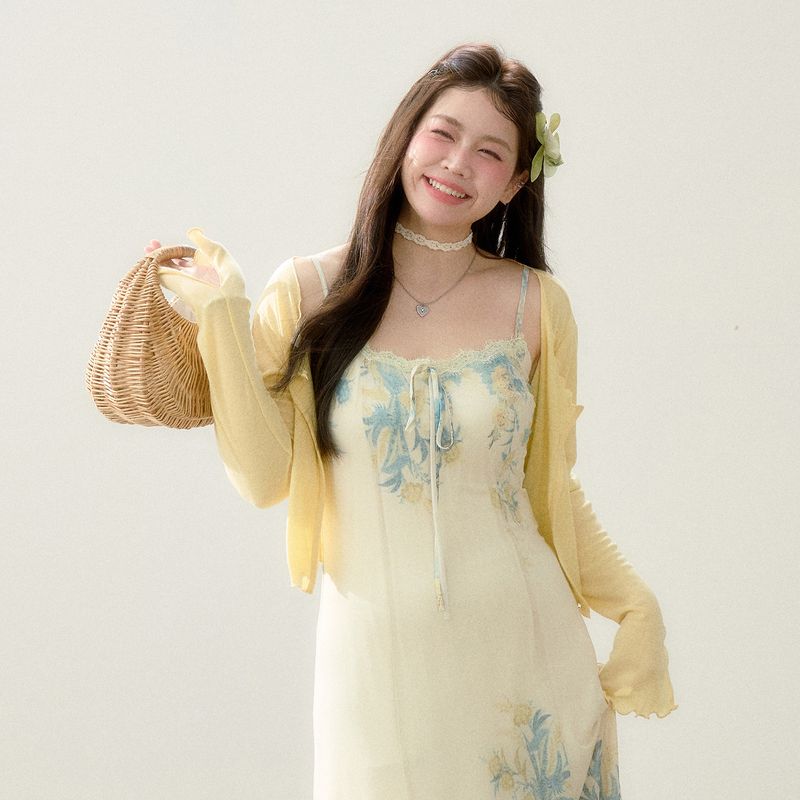 Zhang Daren 2026 Summer Plus Size Women s Dress for Chubby Girls, Slimming Dress, New Chinese Style National Style Vacation Strap Dress Cardigan L