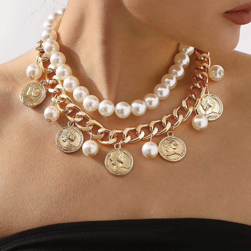Tooxika Vintage Portrait Coin Queen Cameo Pendant Tassel Double Layer Pearls Collarbone Chain