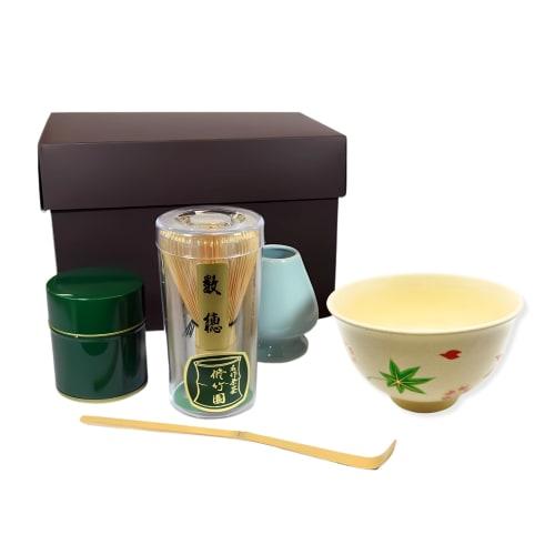 Okadaen Tea Ceremony Practice Set (Tea Bowl/Unkin Design with Cherry Blossom and Maple Leaves, Chasen, Chashaku, Chasen Strainer, Matcha Canister) Beg