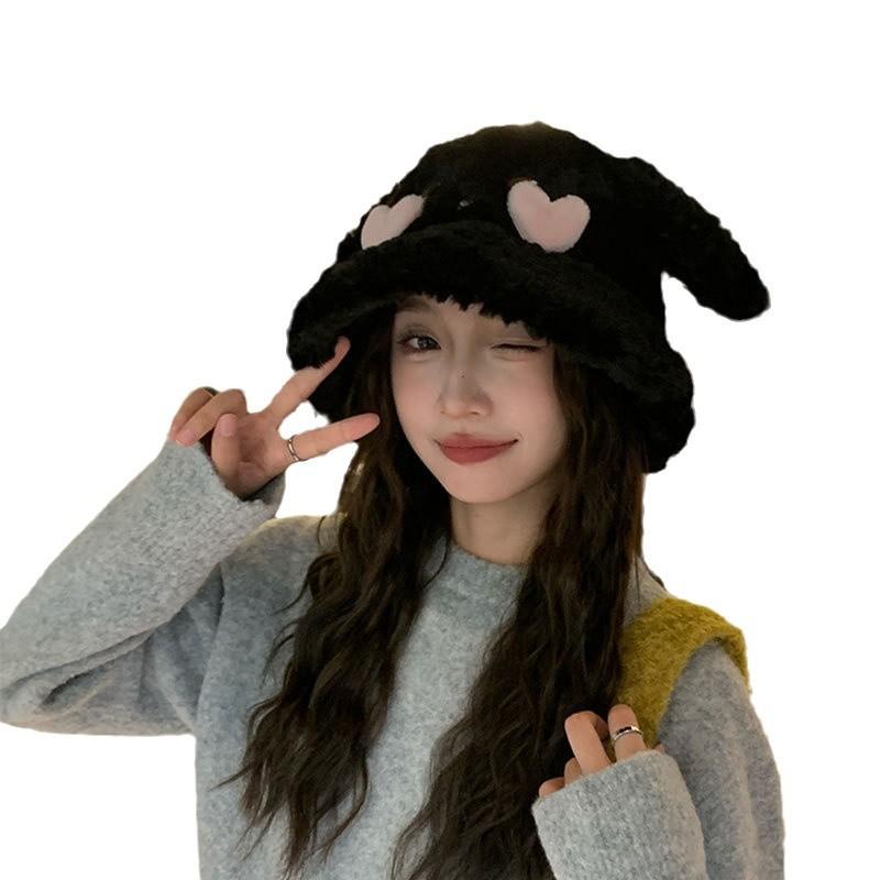 Cute rabbit ears bucket hat women's autumn and winter warm versatile washbasin hat cold protection ear hat plush hat tide