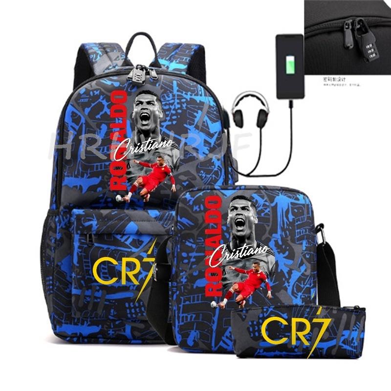 Sports Casual CR7 Backpacks 3pcs Simple Lightweight Capacity Teens Laptop School Bags Women Men Travel USB An-ti Lock Mochilas