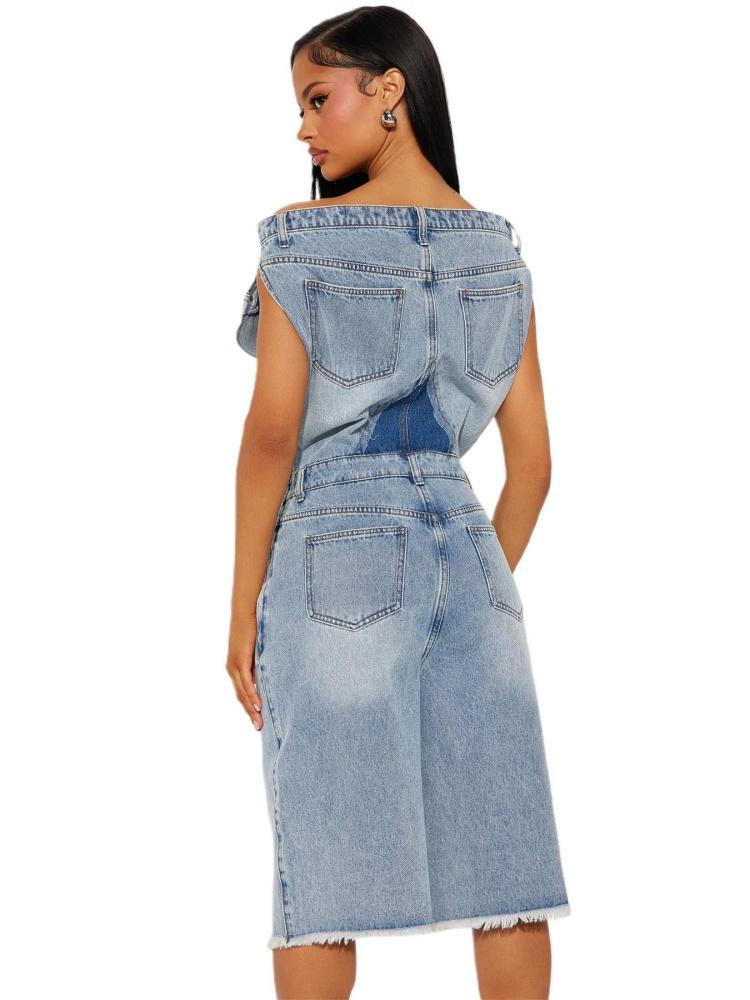 Moda Spalle Scoperte Denim Irregolare Monopezzo Tute Donna Manica Corta Tasca con Bottoni Rompers in Jeans Salopette Femminile Kaluputics