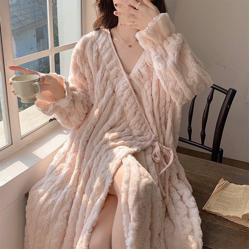 Woman Winter Loungewear Thick Fleece Robe Girls Long Warm Homewear Women Solid Soft Bathrobe Teen Comfortable Home Clothes Lady