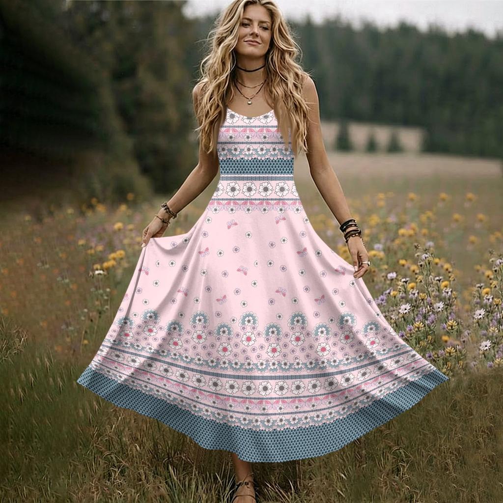 Women Sleeveless V Neck Maxi Dress Summer Bohemian Style Long Slip Dress with Embroidered Pattern and Adjustable Straps for Casual Wear