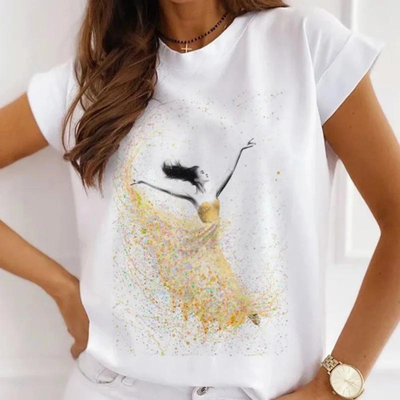 Stylish African Womens Watercolor Ballerina Girl Cute Cartoon Short Sleeve Tshirt Summer Tops Vintage Clothes Oversized Tee