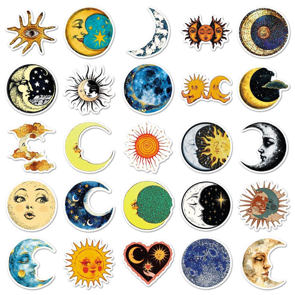 50 Retro Fantasy Sun Moon Stars Stickers: Cartoon Graffiti for Skateboards, Refrigerators, Journals.