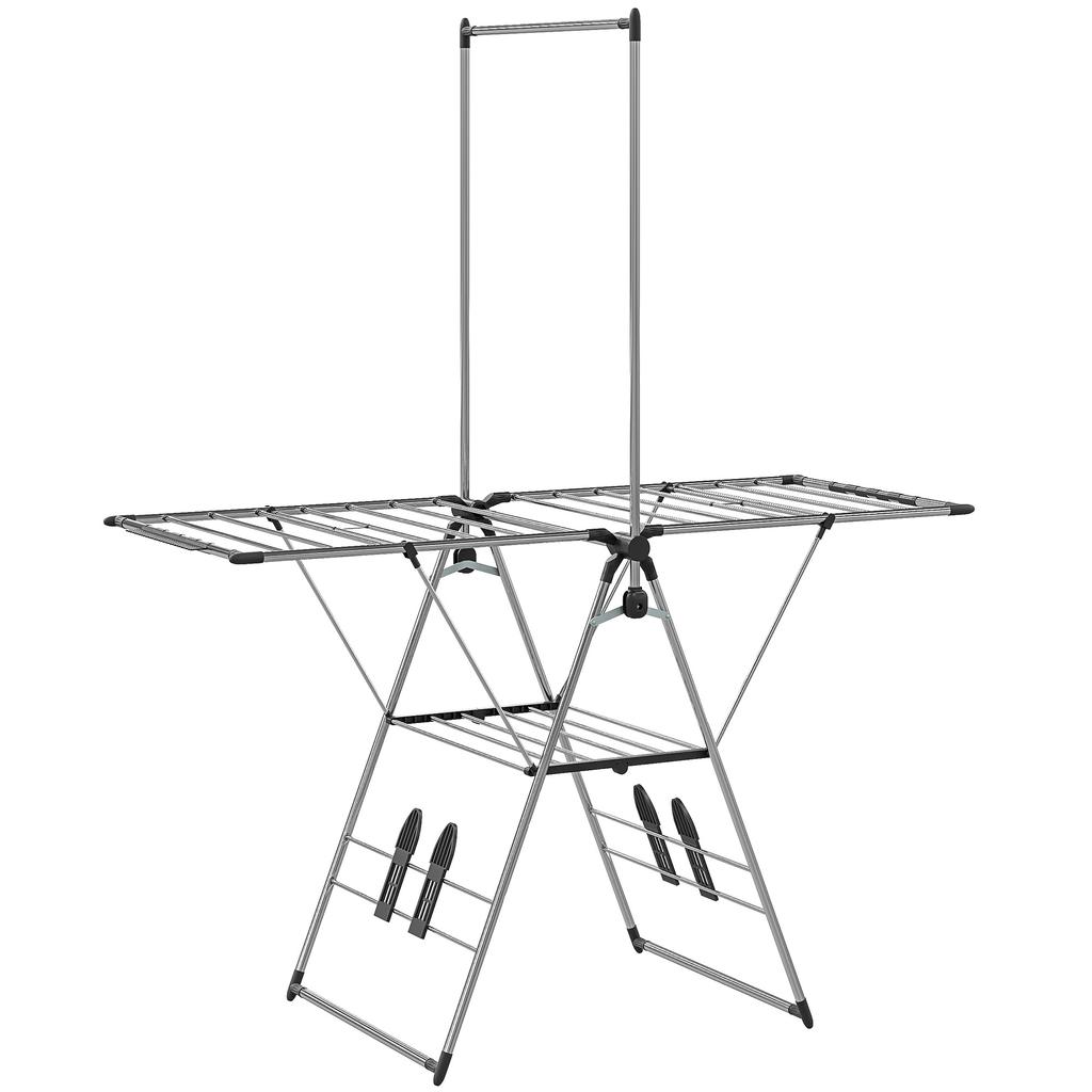 Foldable Clothes Airer, Standing Dryer with Adjustable Wings and Shoe Holders. Stainless Steel. 156.5 x 68 x 192 cm. Silver