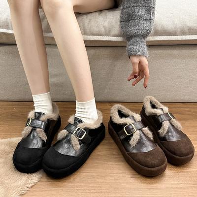 New Design Warm Cotton Women Platform Flats Fashion Belt Buckle Party Shoes Autumn Winter Ladies Comfort Slip On Fur Shoes