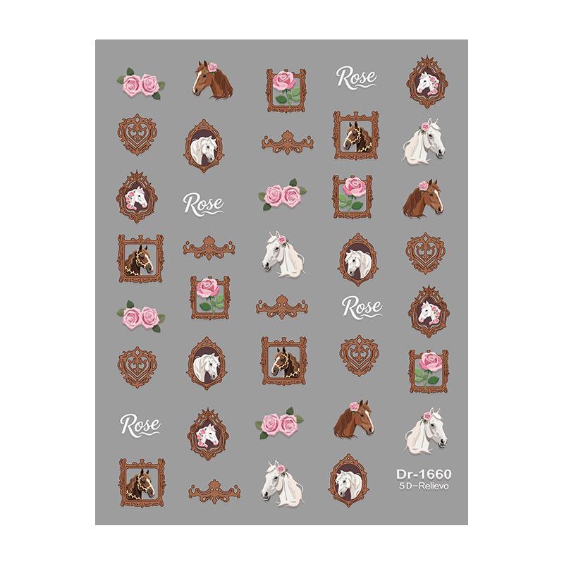 5D Embossed Hot Style Rose and Horse Cartoon Nail Stickers
