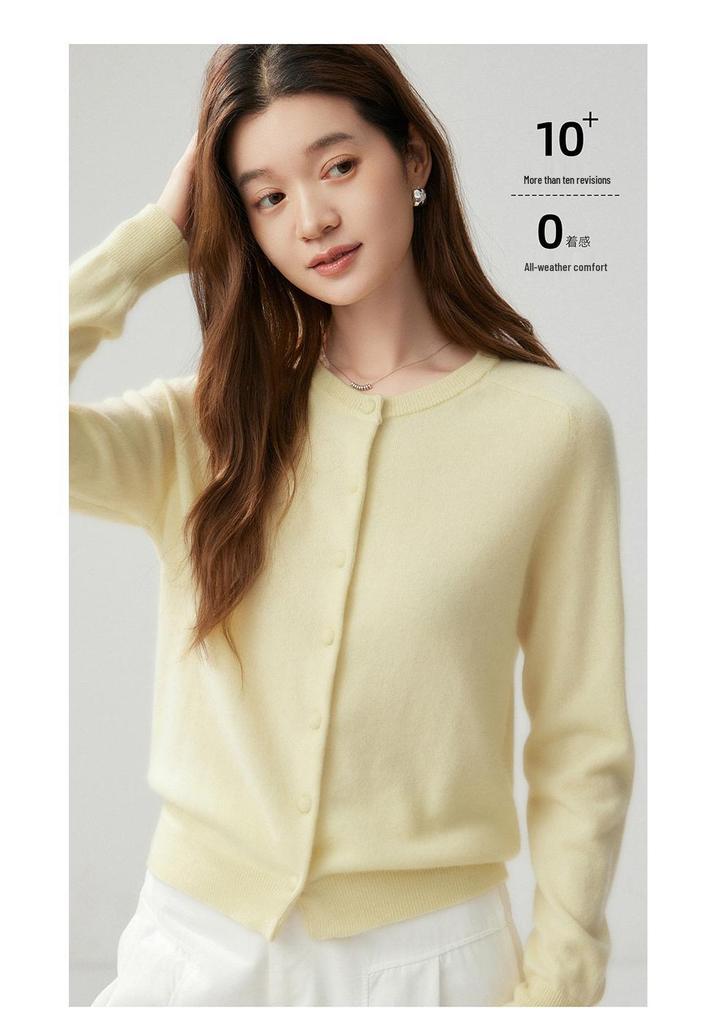 Women's Elegant Cashmere Cardigan - Round Neck, Saddle Shoulder, Versatile Single-Breasted Top for Autumn/Winter 2026