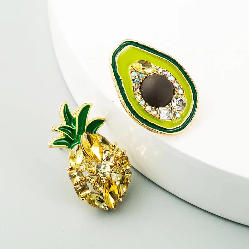 Sweet Pineapple Avocado Asymmetric Drop Earrings Gold Alloy Rhinestone Dangle Earrings for Women Party Jewelry