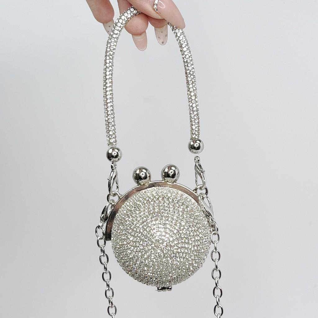 Silver Crystal Ball Mini Chain Crossbody Bag With Sparkling Rhinestones For Daily Use