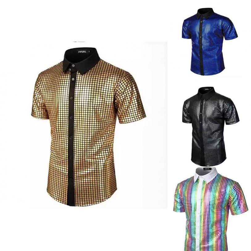 Vintage Disco Inspired Sequin Dress Shirt For Men With Polyester Fabric For Cosplay And Parties
