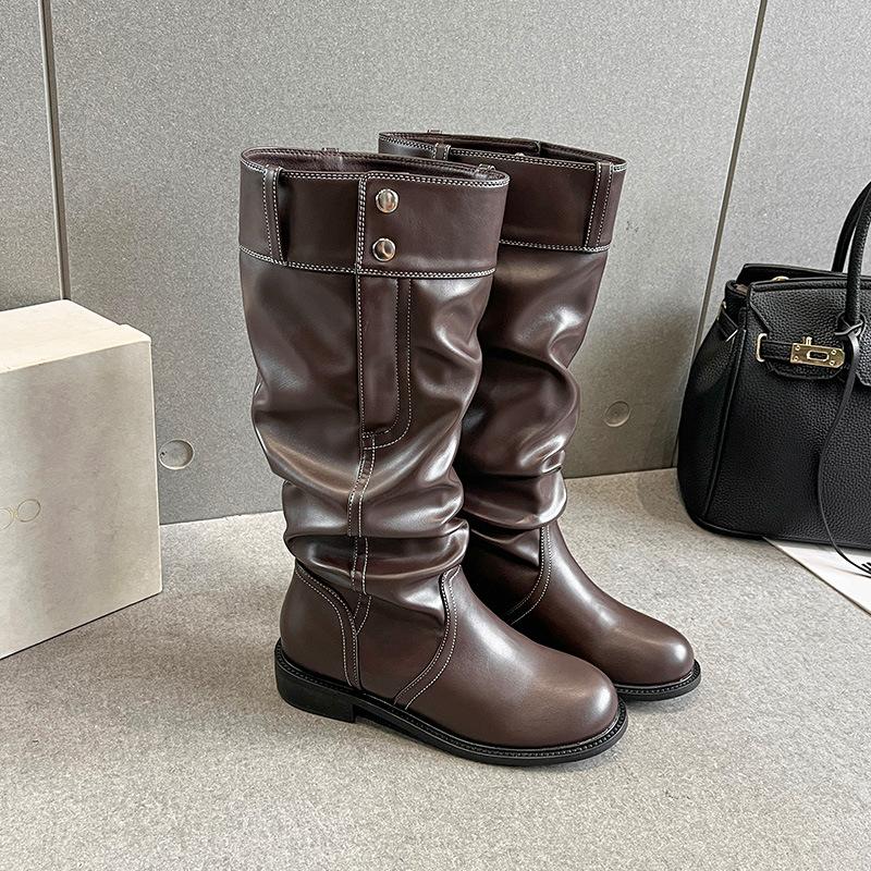 

Женские плиссированные сапоги из овчины, новинка начала осени, имитация брюк с одной пряжкой и тонкой кожей, на толстой подошве, сапоги-рыцари на наборном каблуке 40