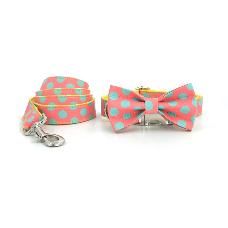 Polka Dot Engraved Dog Collar & Leash Set - Personalized Large Pet Necklace S