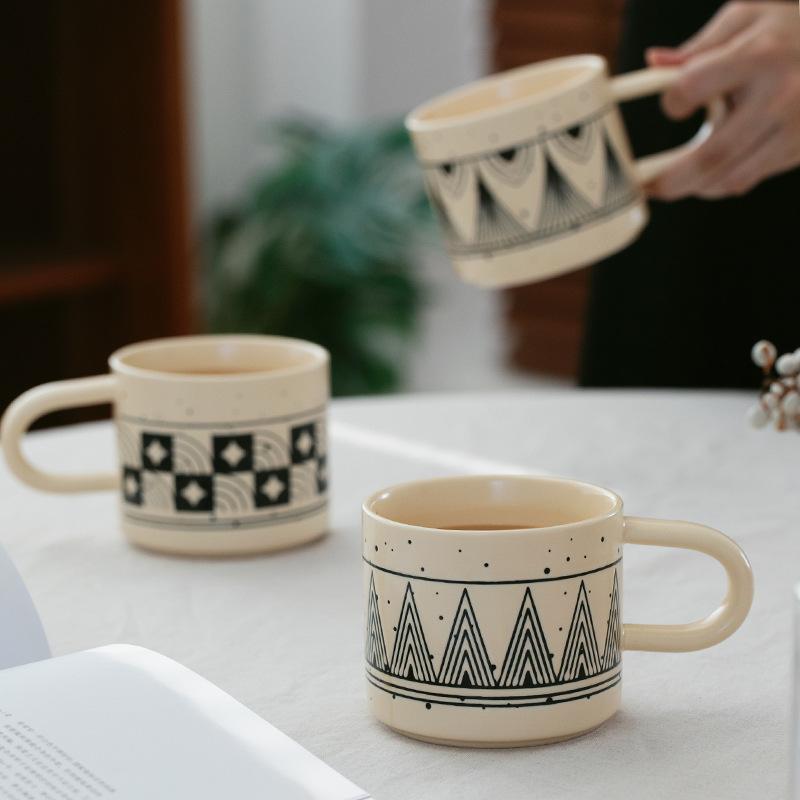 Creative Underglaze Colored Ceramic Cup Retro Mug High Value Water Cup Couple Coffee Cup Breakfast Cup Large Capacity Cup