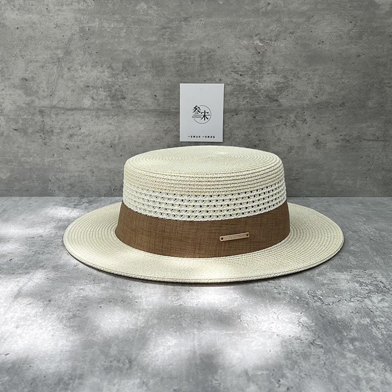 25 Straw Hollow Flat Top Straw Hat Men'S And Women'S Summer Seaside Vacation Beach Sun Hat Elegant Temperament Top Hat