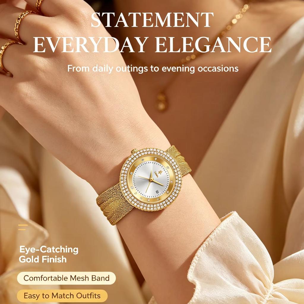 Luxury Women Wrist Watch Yalalusi Crystal Circle Dial Waterproof Quartz Dress Watch with Brand Gift Box Ideal Gift for Girlfrien