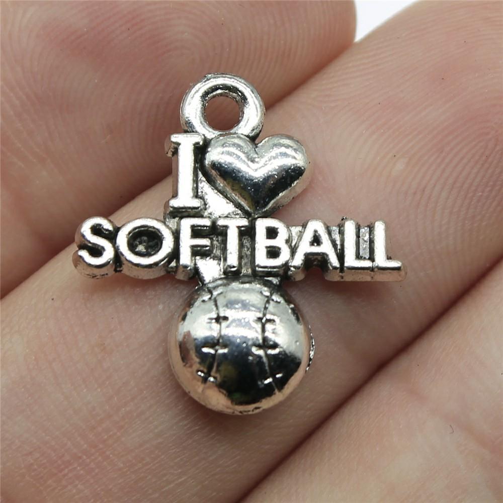 20pcs Charms I Love Sports Antique Silver Color Sport Charm Golf Basketball Baseball Football Volleyball Softball Gym Cheer