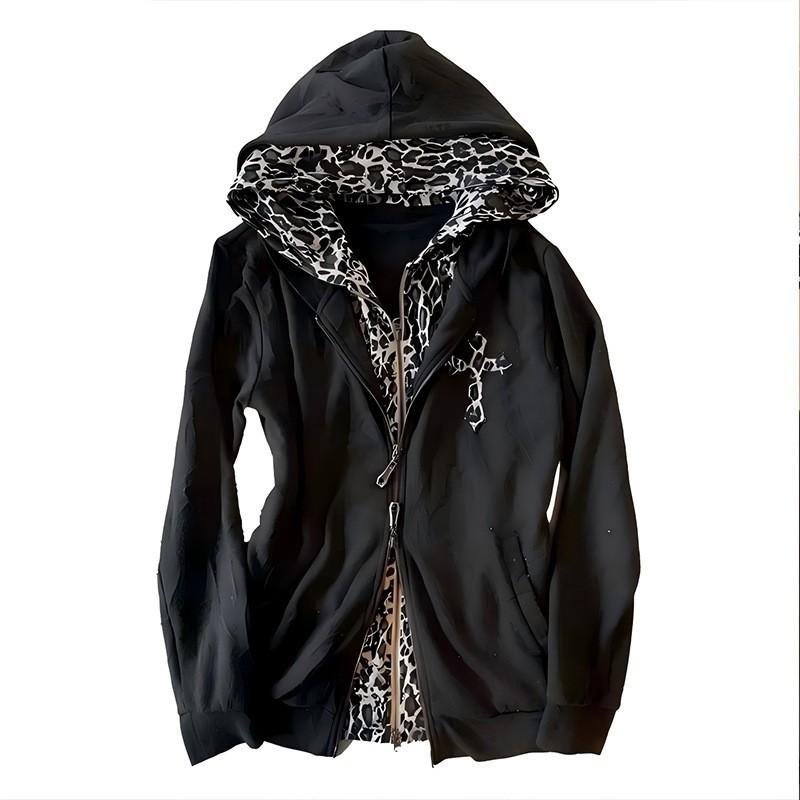 226 Y2K Womens Gothic Cross Leopard Print Hooded Zip Sweatshirt Retro Streetwear