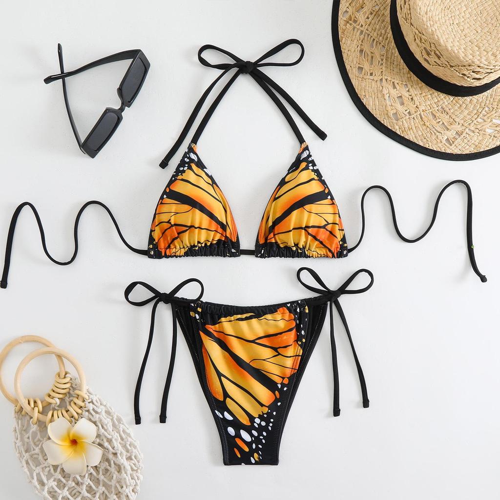 Butterfly Print Deep V Backless Bikini
