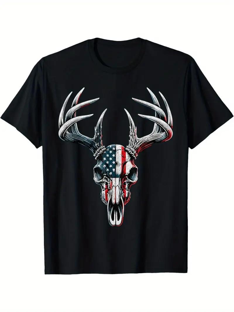 American Flag Men s T-Shirt - Whitetail Deer Hunting on Buck Skull Unisex T-Shirt XXXXL