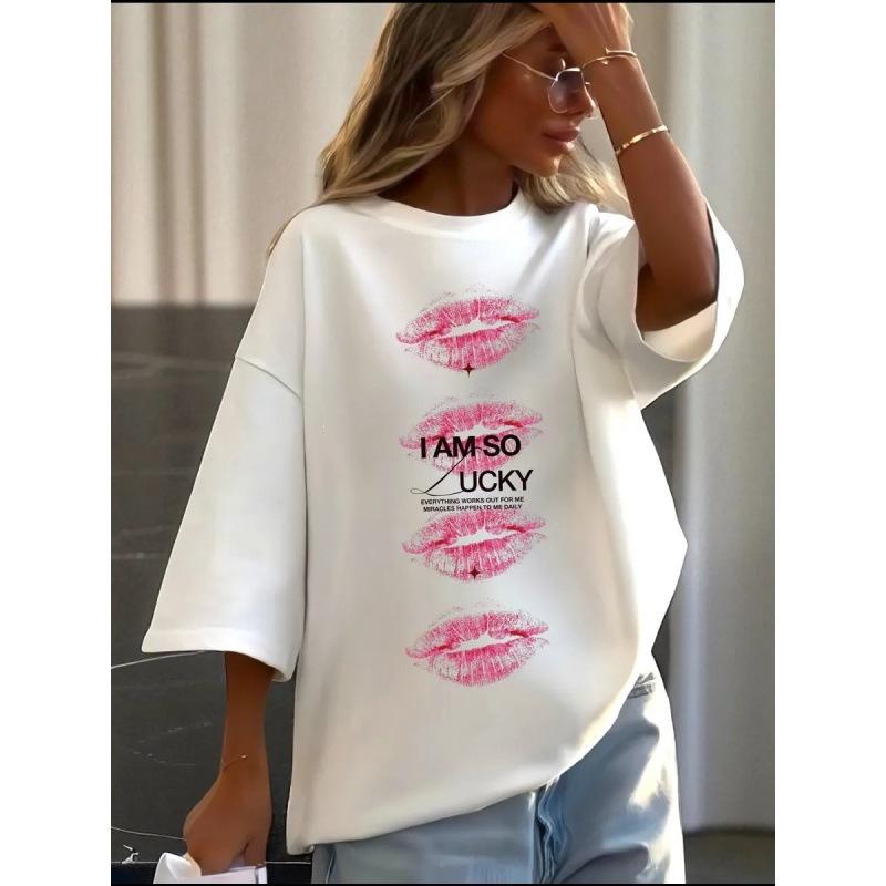 Summer new European and American style sexy sweet and spicy pure desire style lip printing loose and versatile temperament trendy top S белый