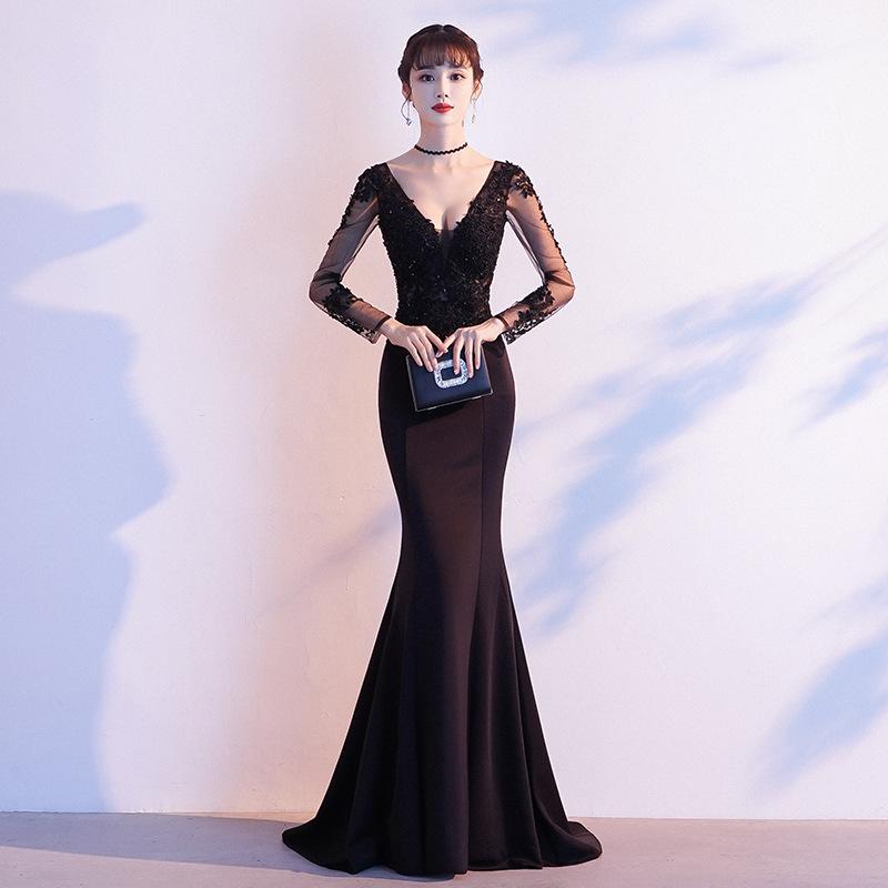 Annual Meeting Dress Fishtail Skirt 1011 New Summer Haute Couture Temperament Long Sleeve Host Catwalk Dress Banquet Evening Dress
