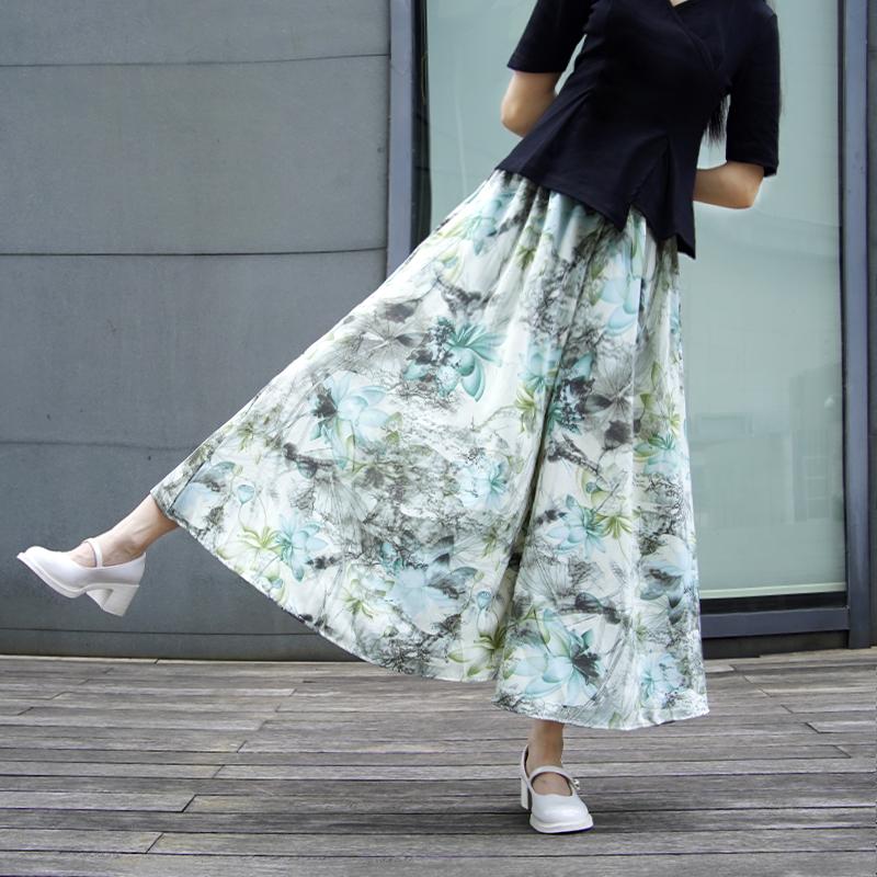 Cool Ice Silk Nine-point Pants Skirt Wide-leg Pants New High-waist Drooping Retro Ink Printing Skirt