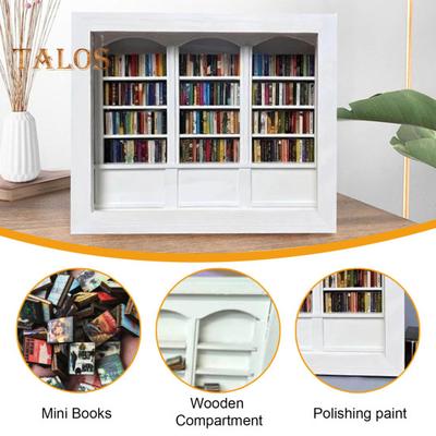 Anxiety Relief Mini Bookshelf Wooden Miniature Simulated Bookshelf with 200 Pcs Mini Book Stress Relief Desktop Bookshelf Toy for Home Office Decor