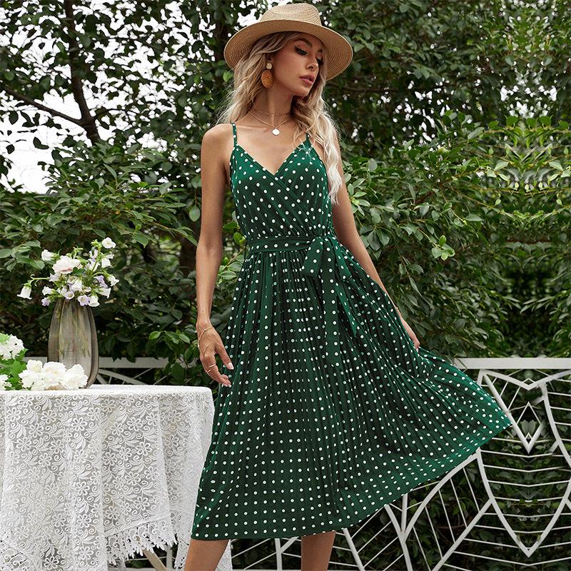 Sexy Summer V Neck Polka Dot Dress for Women A Line Lace Up Pleated Printed Slip Dress