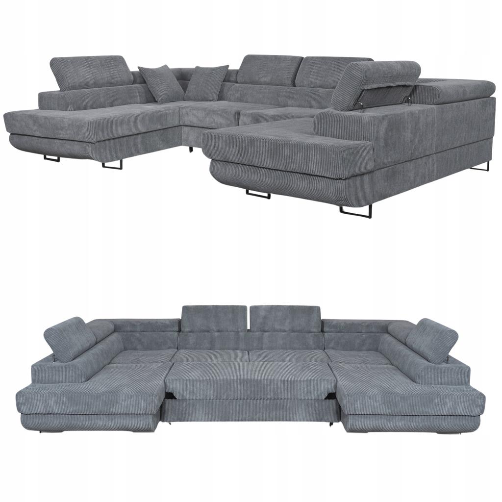 U-shaped Corner Sofa Bed, Extendable F. Savio Family Sleeping Furniture Grey Corduroy
