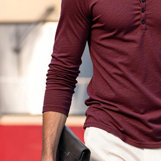 Men T-shirt Buttons Half Placket Long Sleeve Lightweight Tee Shirt Solid Color Loose Fit Pullover Tops Travel Office Daily Wear