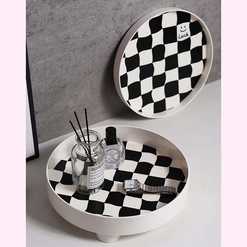 Round Storage Organizer Tray Checkerboard Design Plate Container Tray for Fruit Perfume Jewelry White, Small