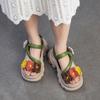 Johnature Retro Flower Peep Toe Platform Sandals Breathable Genuine Leather Versatile Women's Shoes
