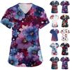 Women's Fashionable V-Neck Short-Sleeved Work Top With Pockets And Independence Day Print  Uniform