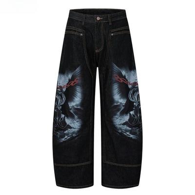 BeatStreet Amerikanischer Retro Schwarzer Print Gebogene Messer Hosen Mit Offenem Faden Locker Y2k Weite Beine Jeans Trendiger Partner Look Herrenbekleidung