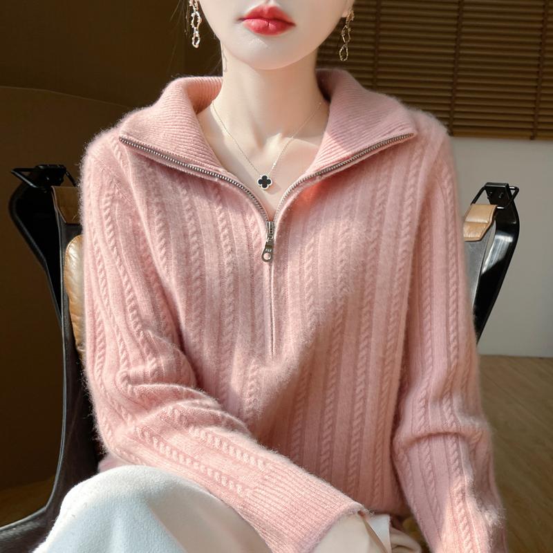 Women Sweater 100% Wool TIDENOVEL Turn-down Collar Knit Pullover Thick Winter Jumpers Female Knit Tops Zipper