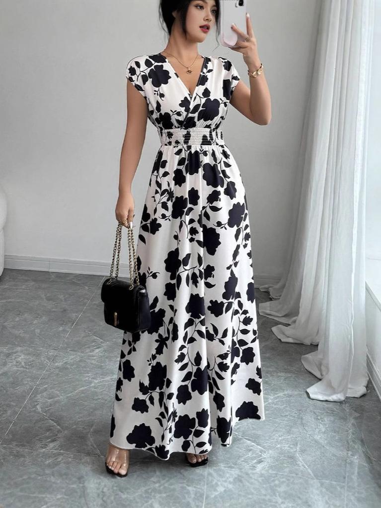 Floral Print V Neck Long Dress With Belt For Summer Casual Womens Wear
