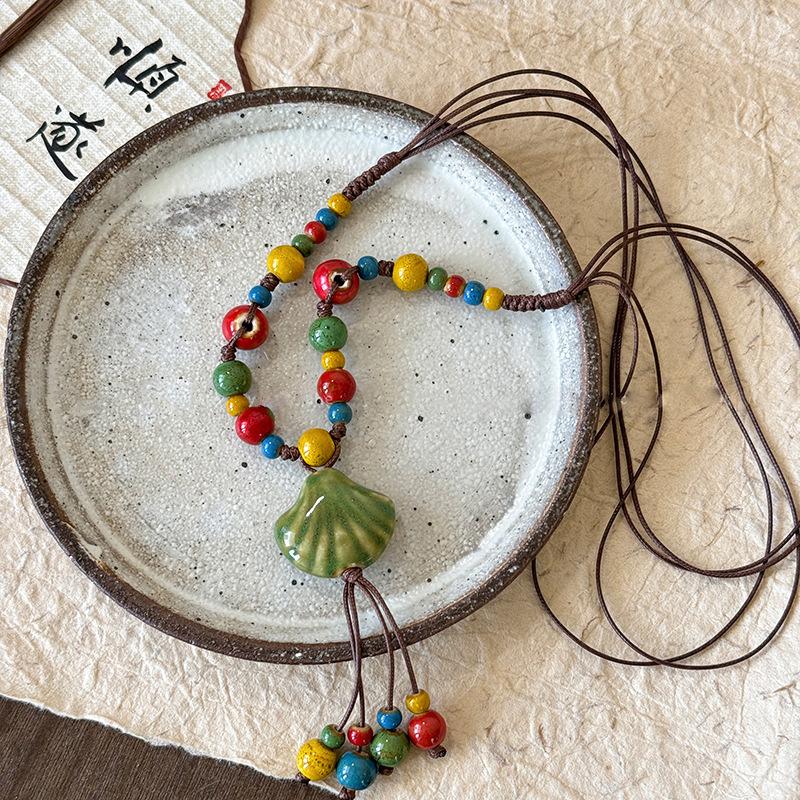 Painted ceramic fish necklace, Bohemian style woven rope necklace, women's vintage high-end beaded clavicle chain