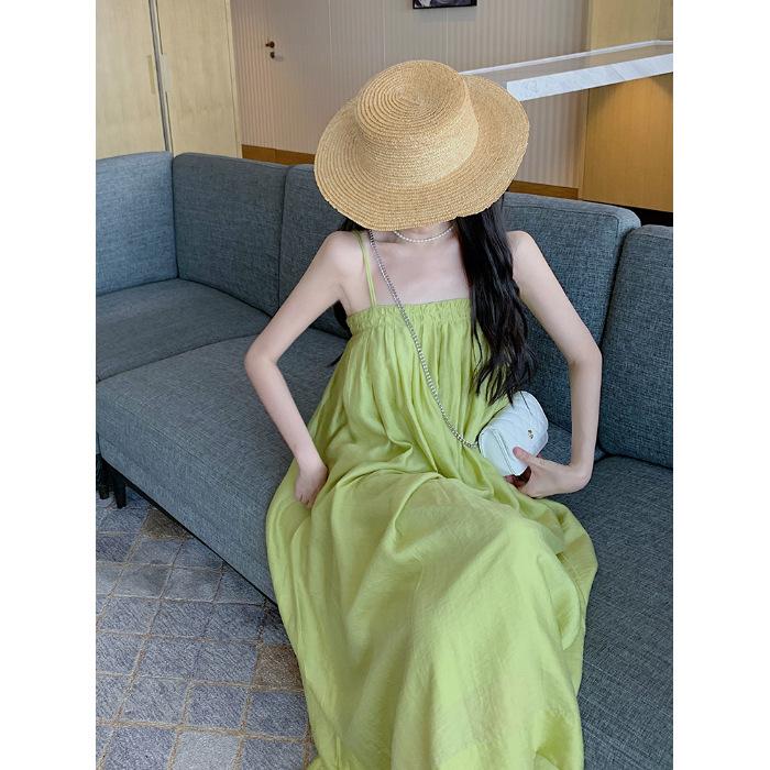 Gentle wind summer skirt loose medium and long suspender dress new temperament thin sleeveless long dress women S зелёный