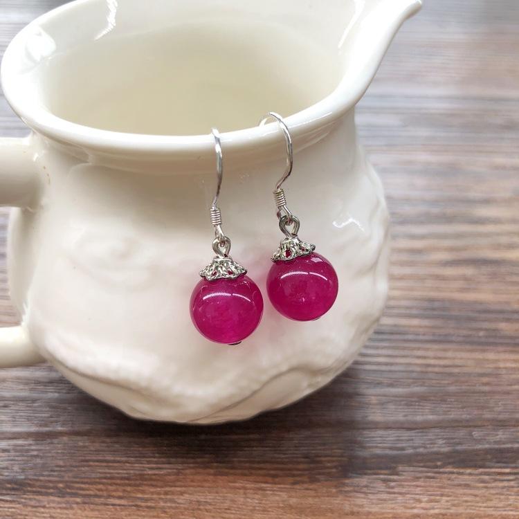 

S925 silver hook natural crystal agate round bead earrings femininity earrings simple retro versatile earrings