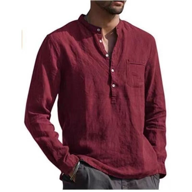 Men's Long Sleeved V-neck Casual Beach Linen Shirt